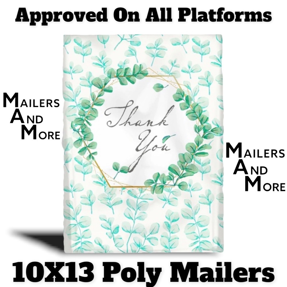 25 10X13 Poly Mailers Green Laurel Thank You Flat Shipping Envelopes - Picture 10 of 12